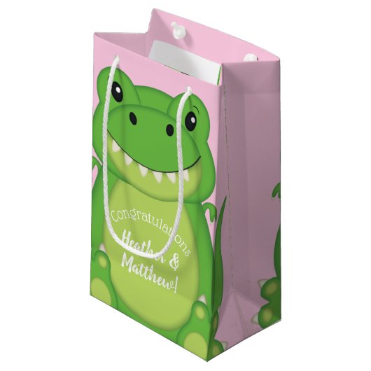 Dinosaur Baby shower T-Rex Pink Girl Klein Cadeauzakje (Voorkant Gekanteld)