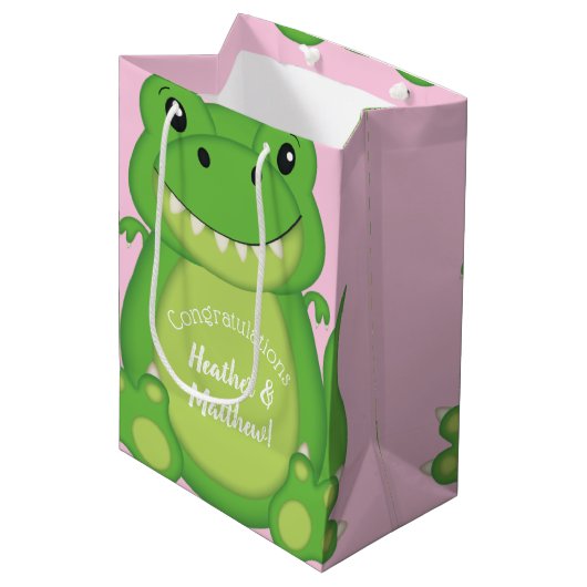 Dinosaur Baby shower T-Rex Pink Girl Medium Cadeauzakje (Voorkant Gekanteld)