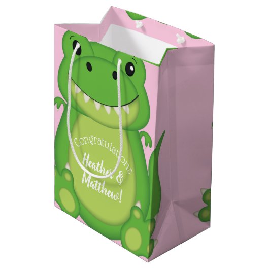 Dinosaur Baby shower T-Rex Pink Girl Medium Cadeauzakje (Achterkant Gekanteld)
