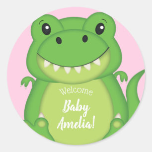 Dinosaur Baby shower T-Rex Pink Girl Ronde Sticker