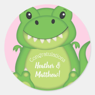 Dinosaur Baby shower T-Rex Pink Girl Ronde Sticker