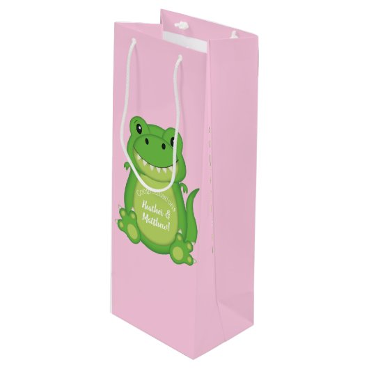 Dinosaur Baby shower T-Rex Pink Girl Wijn Cadeautas (Voorkant Gekanteld)