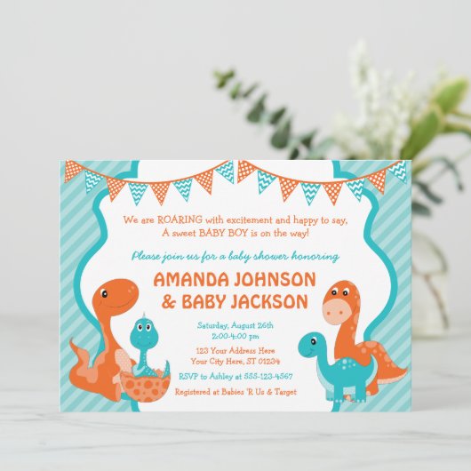 Dinosaur Baby shower Uitnodiging met Enveloppen (Staand voorkant)