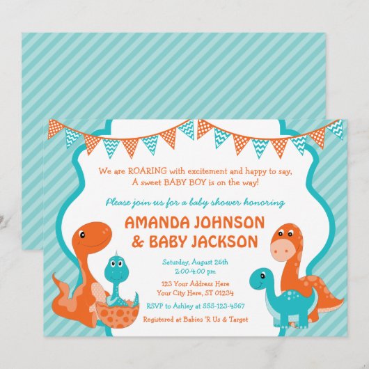 Dinosaur Baby shower Uitnodiging met Enveloppen (Voorkant / Achterkant)