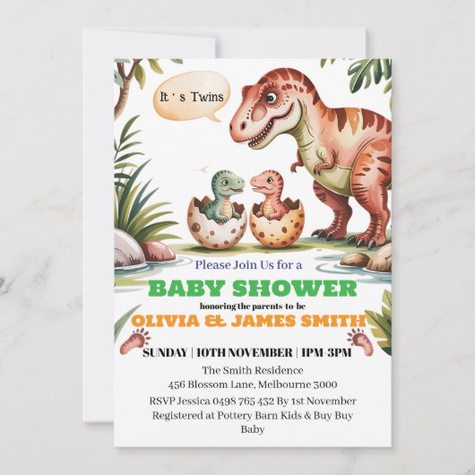 Dinosaur Baby shower voor Twins Aangepaste uitnodi Kaart (Voorkant)