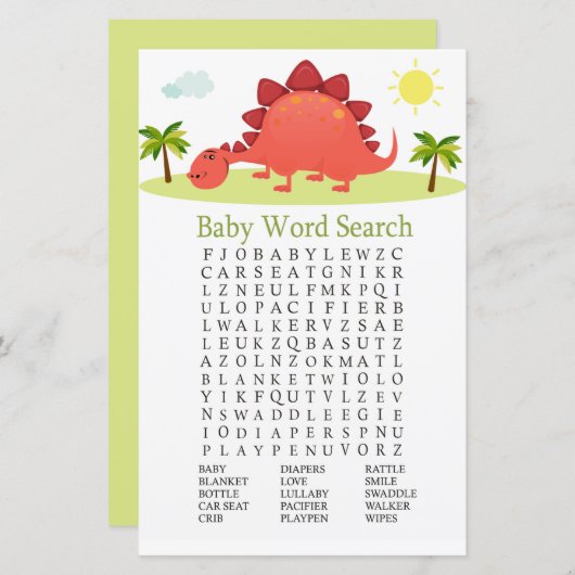 Dinosaur Baby shower Word Search Game (Voorkant / Achterkant)