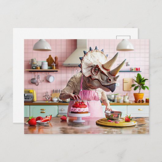 Dinosaur Baking Cake in Retro Keuken Feestdagenkaart (Voorkant / Achterkant)