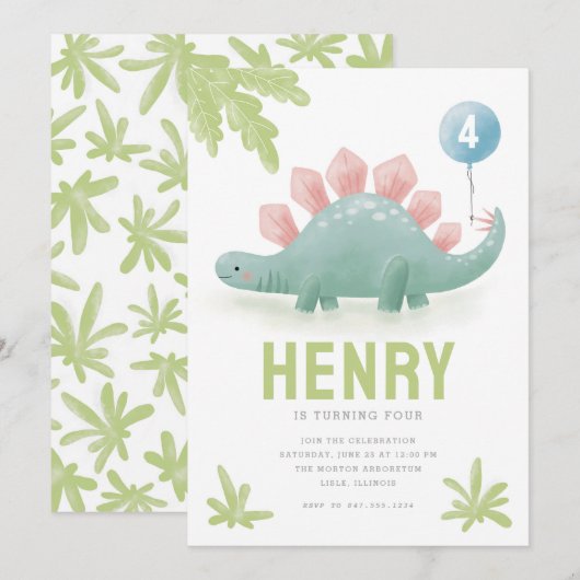 Dinosaur Balloon Kind - Uitnodiging om dag (Voorkant / Achterkant)