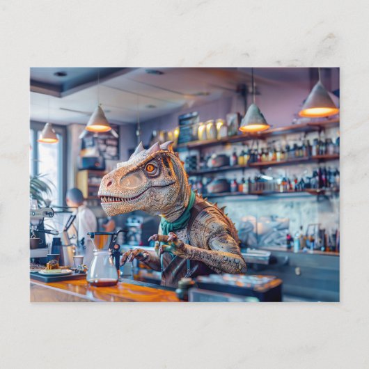 Dinosaur Barista in een modern café Feestdagenkaart (Voorkant)
