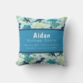 Dinosaur Birth Stats Navy Pillow Blue Blauwgroen Kussen (Voorkant)