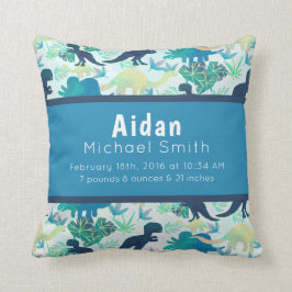 Dinosaur Birth Stats Navy Pillow Blue Blauwgroen Kussen