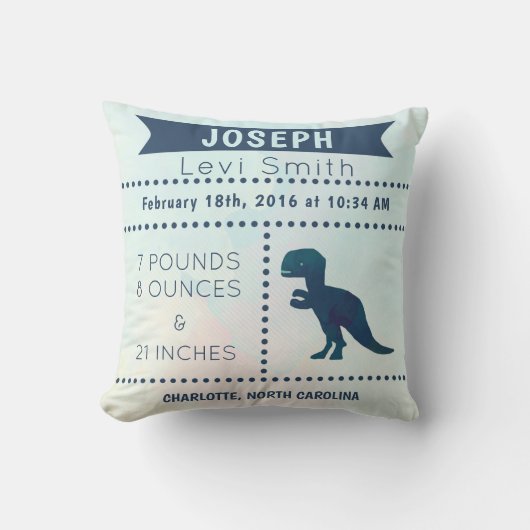 Dinosaur Birth Stats Pillow Navy Blue Kussen (Voorkant)