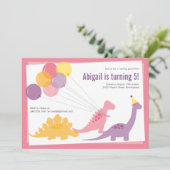 Dinosaur Birthday Ballon Pink Paarse Partij Kaart (Staand voorkant)