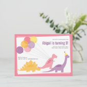 Dinosaur Birthday Balonwaalse roze Paarse Partij B Kaart (Staand voorkant)