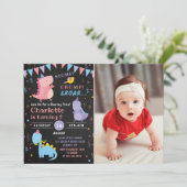 Dinosaur Birthday Chalkboard Pink Dino Party Foto Kaart (Staand voorkant)