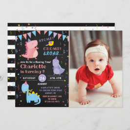 Dinosaur Birthday Chalkboard Pink Dino Party Foto Kaart