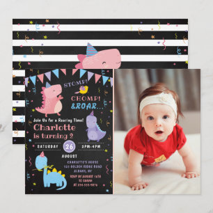 Dinosaur Birthday Chalkboard Pink Dino Party Foto Kaart