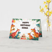 Dinosaur Birthday Greeting Card – Fun Dino Party 2 Kaart (Gele Bloem)