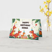 Dinosaur Birthday Greeting Card – Fun Dino Party 3 Kaart (Gele Bloem)