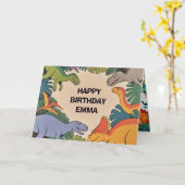 Dinosaur Birthday Greeting Card – Fun Dino Party D Kaart (Gele Bloem)