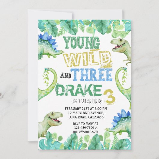 DINOSAUR BIRTHDAY INVITATIE VOOR DRIE JAAR OUDEN SAVE THE DATE (Voorkant)