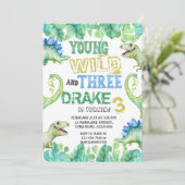 DINOSAUR BIRTHDAY INVITATIE VOOR DRIE JAAR OUDEN SAVE THE DATE (Staand voorkant)