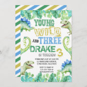 DINOSAUR BIRTHDAY INVITATIE VOOR DRIE JAAR OUDEN SAVE THE DATE (Voorkant / Achterkant)