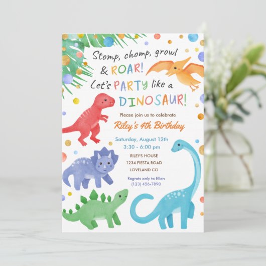 Dinosaur Birthday Invitation Colorful Cute Kaart (Staand voorkant)