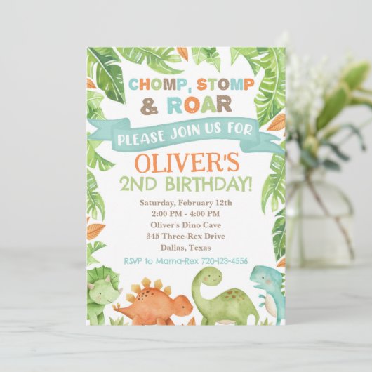 Dinosaur Birthday Invitation, Dino Invitation Kaart (Staand voorkant)