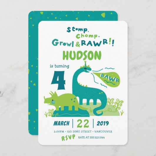 Dinosaur Birthday Invitation, dino jarig Kaart (Voorkant / Achterkant)