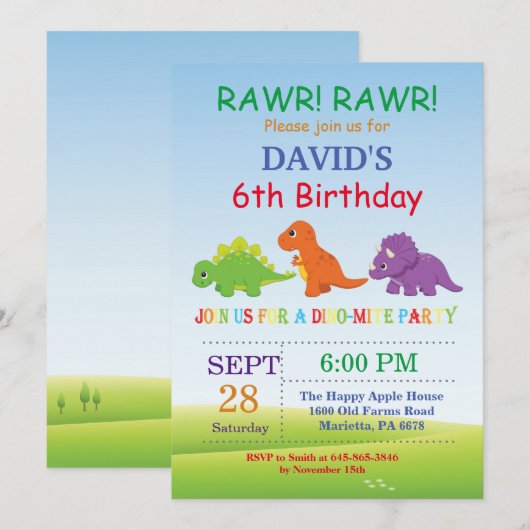 Dinosaur Birthday Invitation Dino Party Kaart (Voorkant / Achterkant)