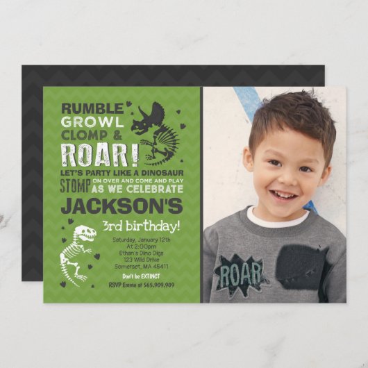 Dinosaur Birthday Invitation Dinosaur Fossil Party Kaart (Voorkant / Achterkant)