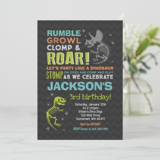 Dinosaur Birthday Invitation Dinosaur Fossil Party Kaart (Staand voorkant)