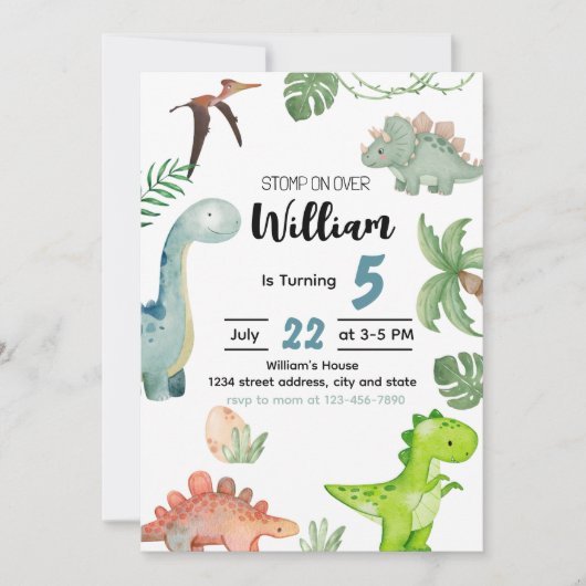 Dinosaur Birthday Invitation, Dinosaur Invitation Kaart (Voorkant)