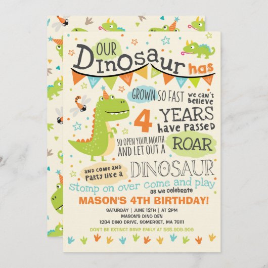 Dinosaur Birthday Invitation Dinosaur Roar Party Kaart (Voorkant / Achterkant)