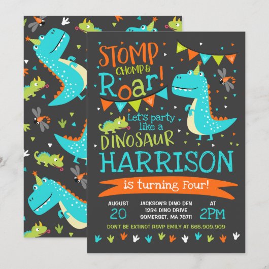 Dinosaur Birthday Invitation Dinosaur Roar Party Kaart (Voorkant / Achterkant)
