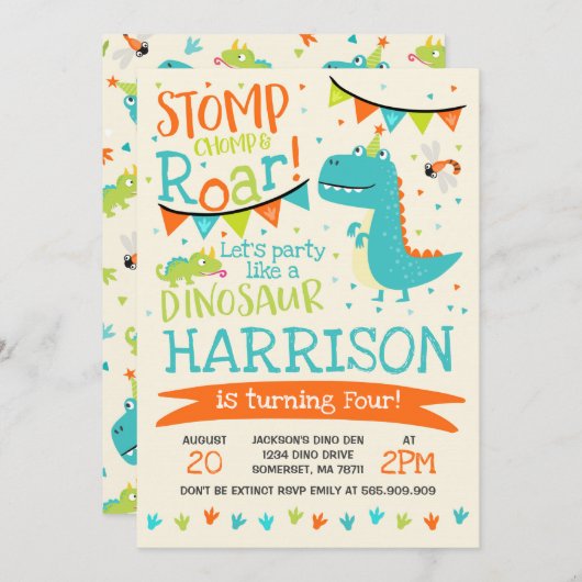 Dinosaur Birthday Invitation Dinosaur Roar Party Kaart (Voorkant / Achterkant)