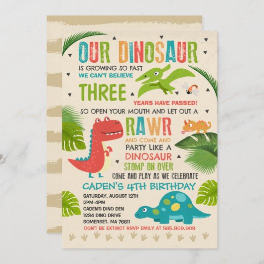 Dinosaur Birthday Invitation Dinosaur T-Rex Party Kaart (Voorkant / Achterkant)