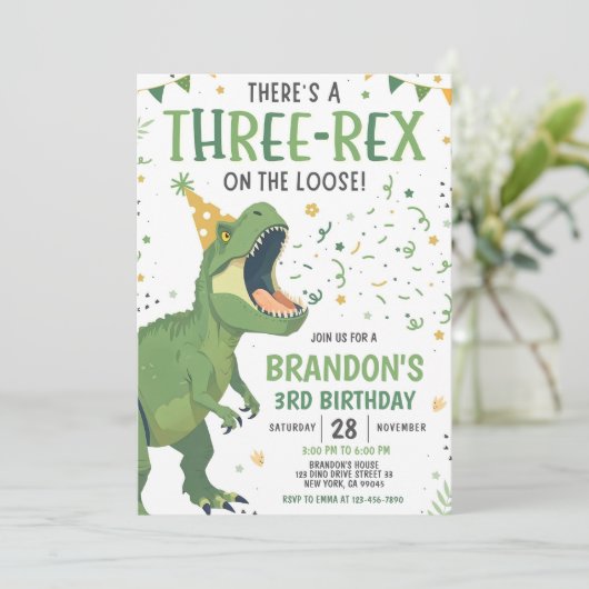 Dinosaur Birthday Invitation, Editable Three Rex 3 Kaart (Staand voorkant)