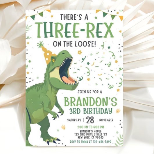 Dinosaur Birthday Invitation, Editable Three Rex 3 Kaart