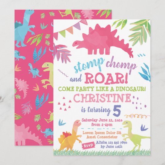 Dinosaur Birthday Invitation for Girl Kaart (Voorkant / Achterkant)