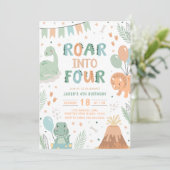 Dinosaur Birthday Invitation Four. Cute Baby Dino  Kaart (Staand voorkant)