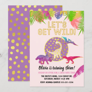 Dinosaur Birthday Invitation Girl Birthday Paars Kaart