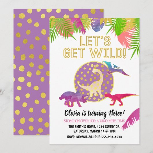 Dinosaur Birthday Invitation Girl Birthday Paars Kaart (Voorkant / Achterkant)