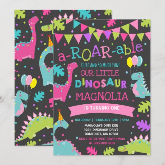 Dinosaur Birthday Invitation Girl Dinosaur Party Kaart (Voorkant / Achterkant)
