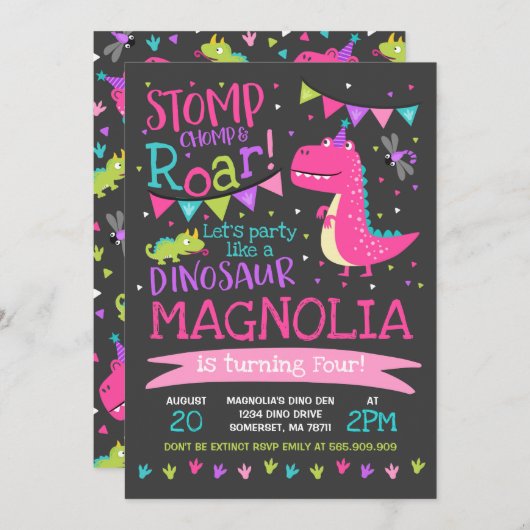 Dinosaur Birthday Invitation Girl Dinosaur Party Kaart (Voorkant / Achterkant)