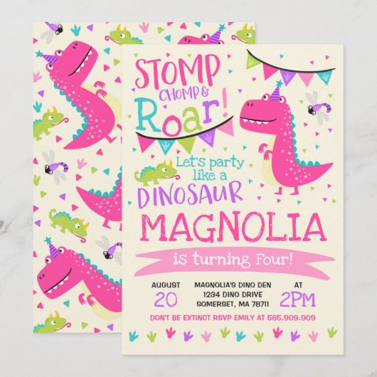 Dinosaur Birthday Invitation Girl Dinosaur Party Kaart (Voorkant / Achterkant)
