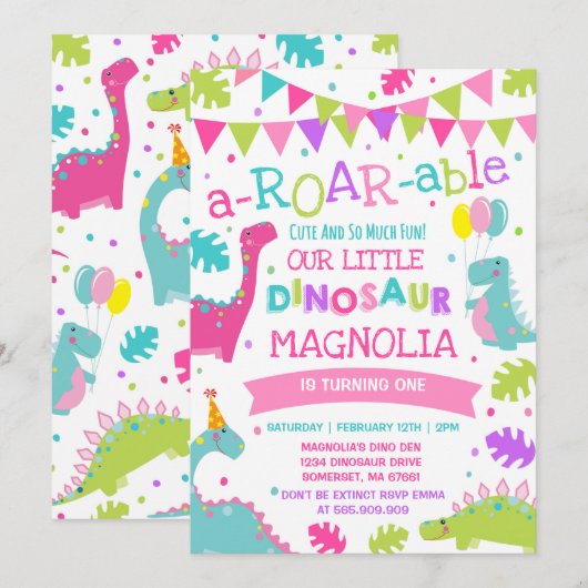 Dinosaur Birthday Invitation Girl Dinosaur Party Kaart (Voorkant / Achterkant)