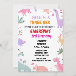 Dinosaur Birthday Invitation Girls Cute Three-Rex  Feestdagenkaart