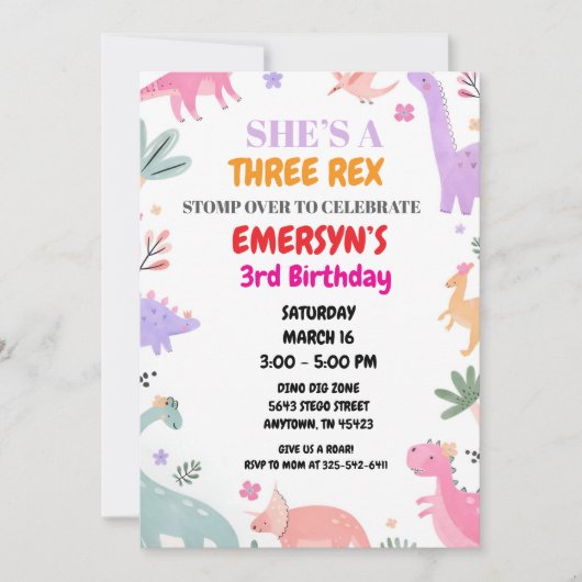 Dinosaur Birthday Invitation Girls Cute Three-Rex  Feestdagenkaart (Voorkant)